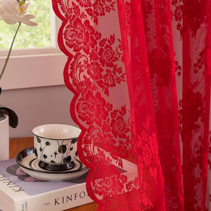 Kotile Red Sheer Curtains 63 Inch Length, W52 x L63 Inch, 2 Panels, Country Rustic Floral Vintage Red Lace Curtains for Bedroom, Rod Pocket Privacy Light Filtering Cottagecore Sheer Window Curtain