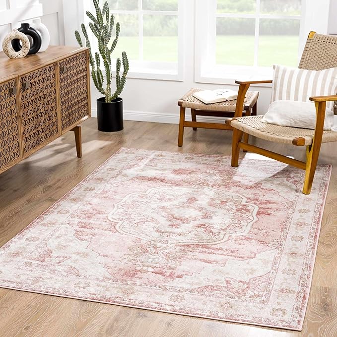 BoutiqueRugs Blush & Light Pink Collection Kandos Bohemian Oriental Medallion Runner Rug - Traditional Floral Carpet for Hallway, Kitchen - Blush, Dusty Pink, Cream - 2'7" x 10' Runner