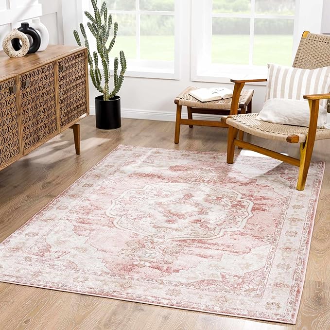 BoutiqueRugs Blush & Light Pink Collection Kandos Bohemian Oriental Medallion Runner Rug - Traditional Floral Carpet for Hallway, Kitchen - Blush, Dusty Pink, Cream - 2'7" x 7'3" (2x8 Runner Rug)