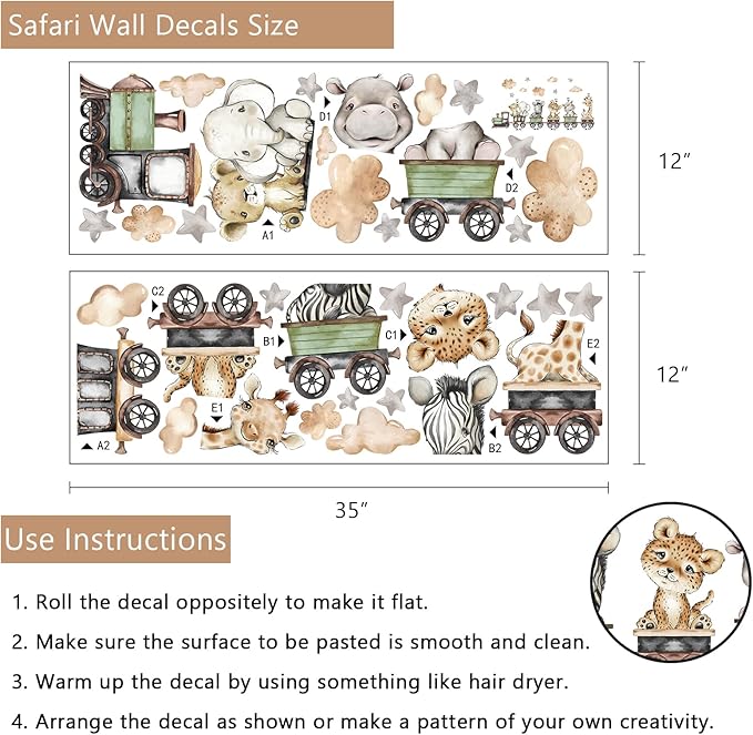 Yovkky Baby Safari Animals Train Wall Decals Stickers, African Jungle Elephant Zebra Giraffe Hippo Lion Leopard Cheetah Neutral Nursery Toddler Decor, Kids Room Home Decorations Bedroom Playroom Art