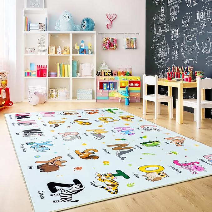 Kids Rugs for Playroom, 8x10 Ft Educational Rug for Learn The ABC Alphabet, Soft Machine Washable Non-Slip Cute Cartoon Animals Carpet for Classroom Toddler Nursery Kids Room Decor, Blue