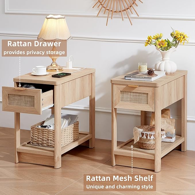 Lerliuo Rattan Night Stand Set of 2, Narrow Nightstand with Charger Station, Boho Bed Side End Table with Drawer Rattan Shelf for Small Spaces, Natural Wood Bedside Tables for Living Room Bedroom
