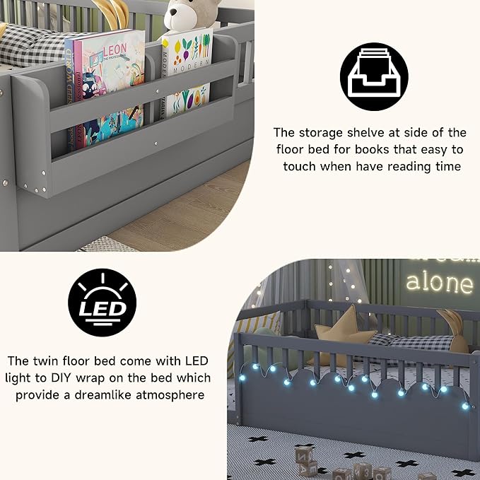 Full Toddler Floor Bed with High Rails, Wooden Montessori Bed Frame with Light and Storage Shelf, Full Size Bed Frame for Kids, Boys and Girls, Grey