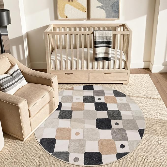 jinchan Macy Round Rug 4ft Kids Washable Rug Indoor Non-Slip Black and White Modern Soft Rug Elementary School Classroom Diamond Carpet for Nursery Playroom Daycare Bedroom Living Room Marble on Cream