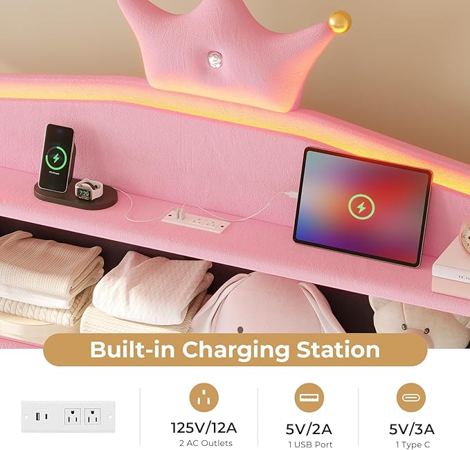 MSmask Full LED Bed Frame with Storage Headboard & 2 Storage Drawers, Princess Upholstered Bed with Charging Station & Crystal Button & Crown, Velvet Platform Bed for Girls, Curved Legs, Pink
