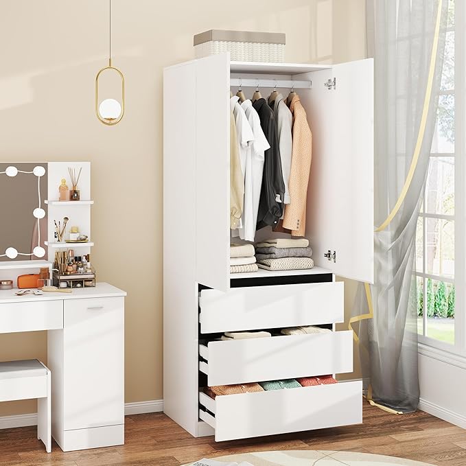 Armoire Wardrobe Closet with Drawers：75" Large White Wardrobe Closet Cabinet with 2 Doors for Hanging Clothes, Modern Wooden Bedroom Armoires with 3 Drawers and Storage (B-Style, 31.5")