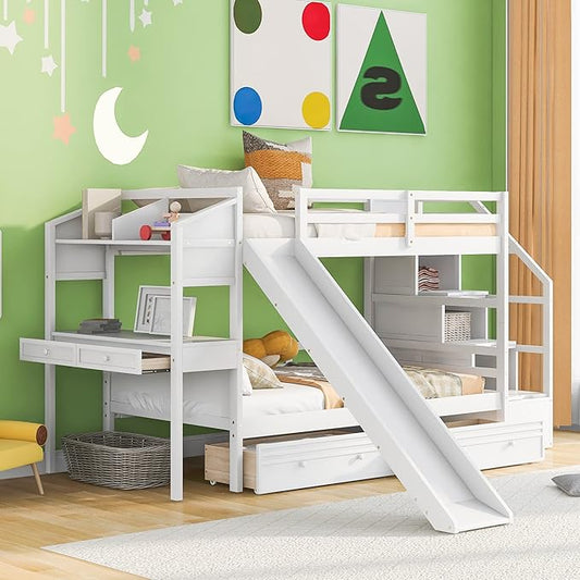 Modern Twin Over Twin Bunk Bed with Storage Staircase and Slide, Wooden Bunk Bed Frame with Desk and Drawers, Multifunctional Bunk Bed for Kids Teens Adult Bedroom