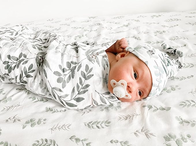 Miaoberry Organic Muslin Swaddle Blankets with Matching Hat and Wooden Hello World Newborn Sign | Eucalyptus Newborn Photography Props | Birth Announcement Sign