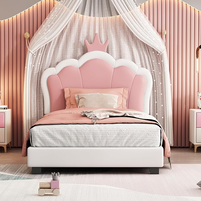 Bellemave Twin Size Princess Bed Frame with Crown Shaped Headboard for Kids,Upholstered Platform Bed with Slats Support,Twin Girls Bed,White