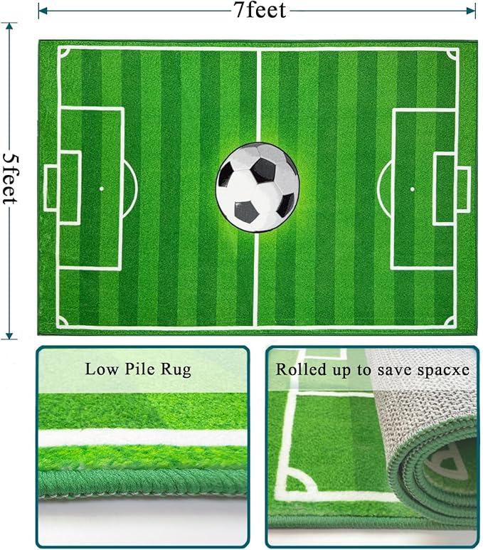 Washable Low Pile Soccer Rug 5x7- Soccer Field Mat for Boys Bedroom, Non-Slip Sports Room Decor, Durable Kids Playroom Rug, Nursery Floor Mat