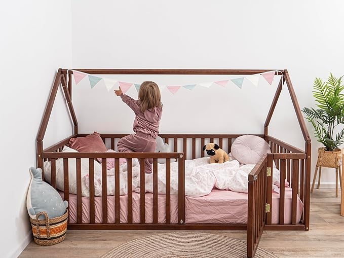 BUSY WOOD House Wooden Playpen - Montessori Floor Bed with Safe Gate - Toddler Bed - Floor Bed - Frame with Fence and Door - Toddler Bedroom Furniture - Full, Twin, Queen, King Size (Model 6)