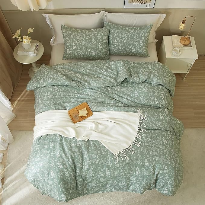 Duvet Cover Queen Size Green Floral Bedding Set Queen Soft Cotton for Girl Garden Style Vintage Floral Comforter Cover with 2 Pillowcases 3 Piece Aesthetic Botanical Queen Bedding Duvet Cover Set