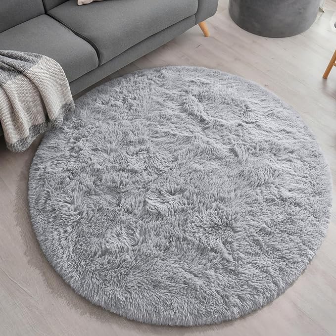 EVOIONOS Grey Round Rug for Bedroom, 5x5 Ft Fluffy Soft Circle Area Rugs for Living Room, Plush Shaggy Circular Carpet for Indoor Floor Bedside Kids Nursery, Machine-Washable Home Decor Aesthetic