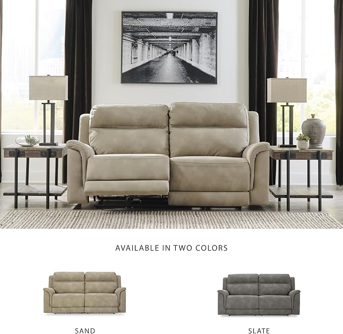Signature Design by Ashley Next-Gen DuraPella Power Reclining Sofa with Adjustable Headrest, USB, Extended Ottoman, Faux Leather, 80" W x 42" D x 42" H, Beige Sand