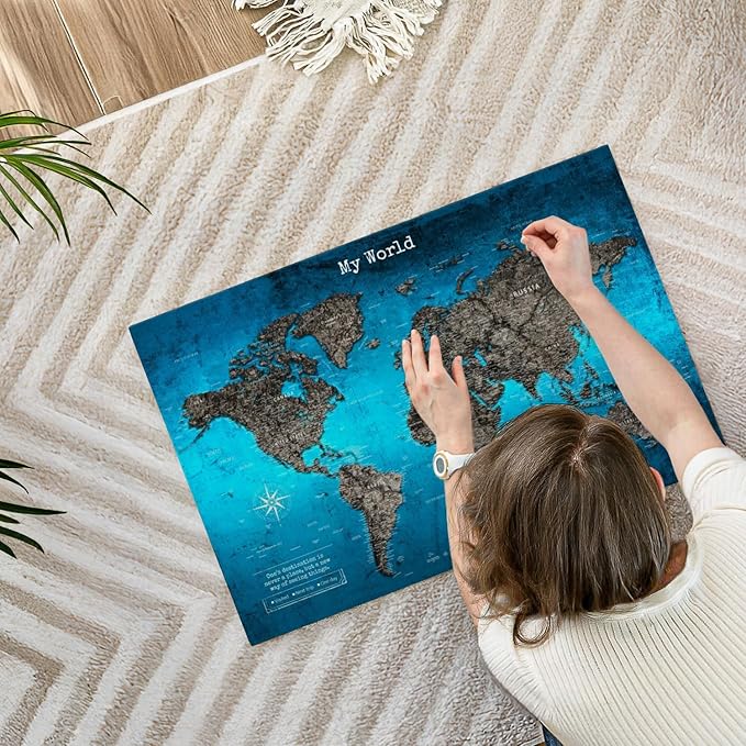 ElephantStock - My World Push Pin Travel Map Iii Wall Art - Horizontal Canvas Wall Art - Living Room Wall Decor - Digital Art Map Canvas Art - Turquoise And Blue Decor - 30" x 20"
