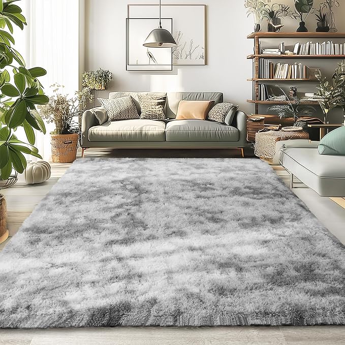 Merelax Soft Modern Indoor Large Shaggy Rug for Livingroom Bedroom Dorm Kids Room Home Decorative, Non-Slip Plush Fluffy Furry Fur Area Rugs Comfy Nursery Floor Carpet 9x11 Feet,Tie-Dyed Light Grey