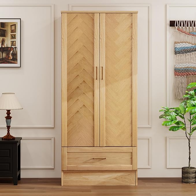 Solid Wood Armoire:Wardrobe Closet with Drawers and Hanging Rod,Storage Cabinet Clothes Organizer for Bedroom Original Wood Color