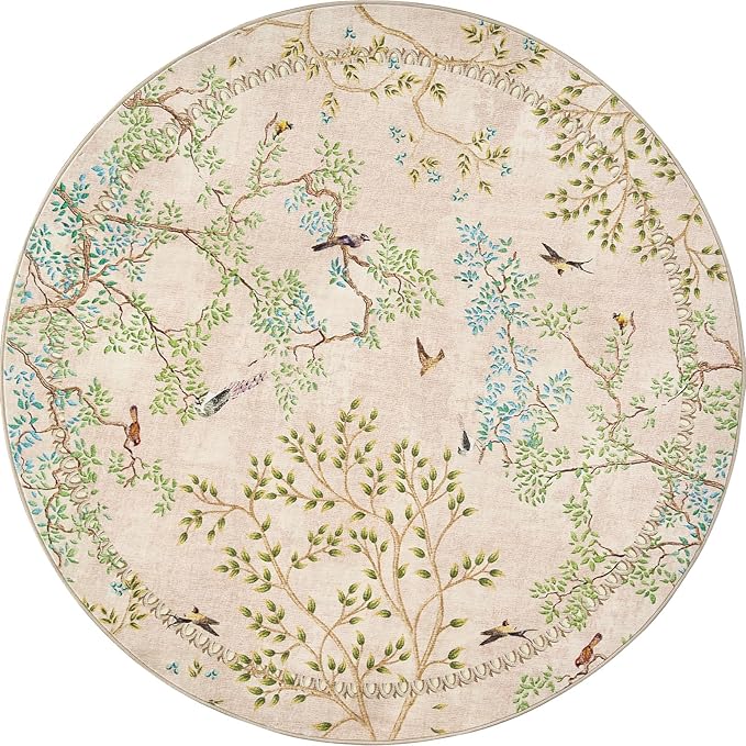 jinchan Yarden Round Rugs 6ft Beige Botanical Birds Print Machine Washable 6' Circle Nature Plants Modern Soft Non Slip Kids Throw Area Rugs Ultra Thin Low Pile Carpet for Living Room Bedroom