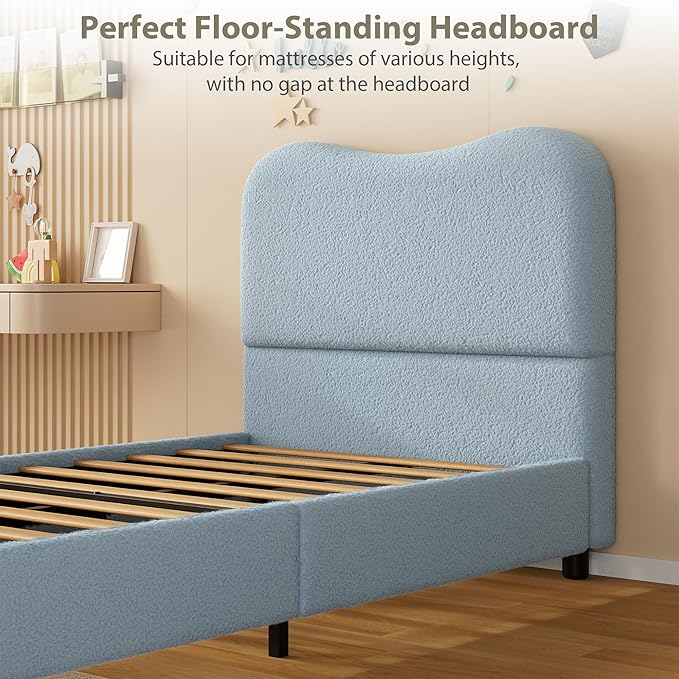 Senfot Blue Twin Kids Bed Frame with Upholstered Headboard, Low Profile Sturdy Platform Bed with Soft Boucle Fabric for Girls and Boys, Heavy Duty, Wooden Slats, Noise Free, No Box Spring Needed