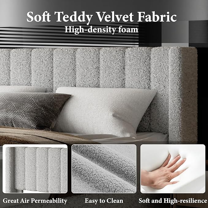 Full Bed Frame with Headboard Upholstered Platform Bed Frame with Teddy Velvet Headboard, Wooden Slats Support/Wing Edge Design/No Box Spring Needed/Easy Assembly, Grey Full
