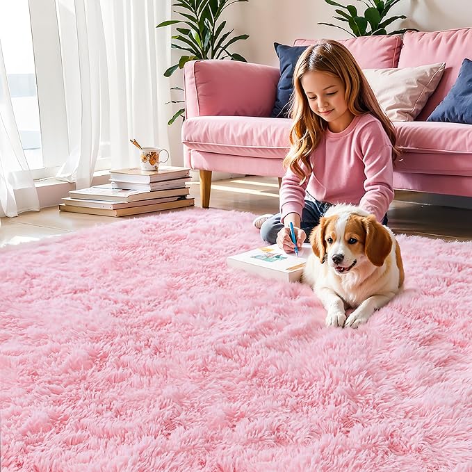 KCHOWUA Pink Fluffy Area Rug for Girls' Bedroom, 5'x8' Machine Washable Plush Pastel Shag Rug, Large Soft Furry Carpet for Living Room, Nursery, Kids' Room, or Dorm Décor