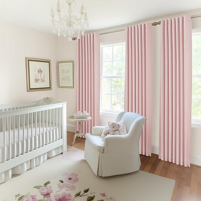 BabyPink Curtains for Girls Room, Cute Blackout Bedroom Curtains Aesthetic 84 Inch Length 2 Panels Set Flax Linen Thermal Drapes Insulated&Soundproof Back Tab/Hook Belt Preppy (50"W x 84"L)