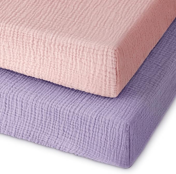Muslin Pack and Play Sheets Fitted, 100% Cotton Mini Crib Sheets 2 Pack for Pack N Play Mattress, Stretchy Playard Sheet, Soft and Breathable Pink & Purple