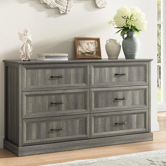 CARPETNAL Farmhouse 6 Drawer Dresser for Bedroom, 55 Inch Wide Modern Grey Dresser TV Stand with Large Drawers & Bar Handles, Rustic Wood Chest of Drawers for Bedroom, Living Room, Hallway, Entryway.