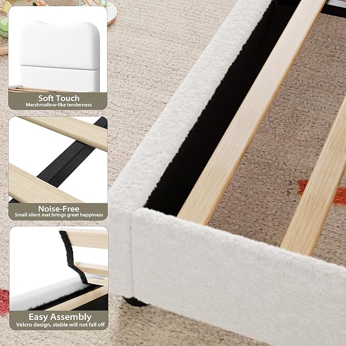 Senfot White Twin Kids Bed Frame with Upholstered Headboard, Low Profile Sturdy Platform Bed with Soft Boucle Fabric for Girls and Boys, Heavy Duty, Wooden Slats, Noise Free, No Box Spring Needed