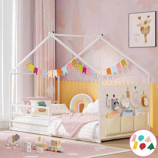 Weehom Twin Montessori House Bed for Kids with Storage Caddy and Pegboard, Floor Bed for Toddlers Boys Girls, No Box Spring Needed White
