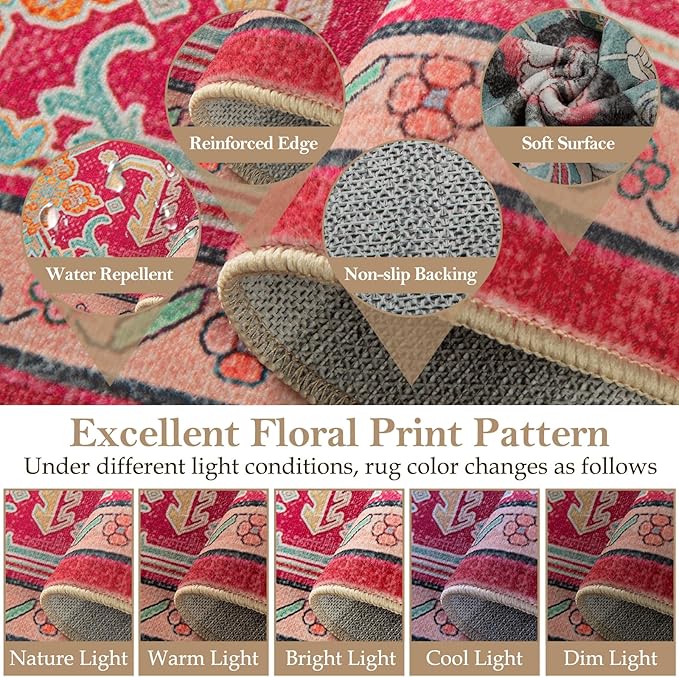Machine Washable Rugs Nursery Rug 8x10 Area Rugs Non Slip Low Pile Water Repellent Soft Print Pattern for Bedroom Indoor Decor Kids Playroom Brightpink