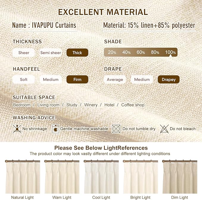IVAPUPU Cream Beige Pinch Pleated Full Blackout Linen Curtains for Bedroom, Black Out Curtains 90 Inches Long for Living Room Darkening Thermal Insulated Neutral Pleat Drapes with 16 Hooks, 2 Panels