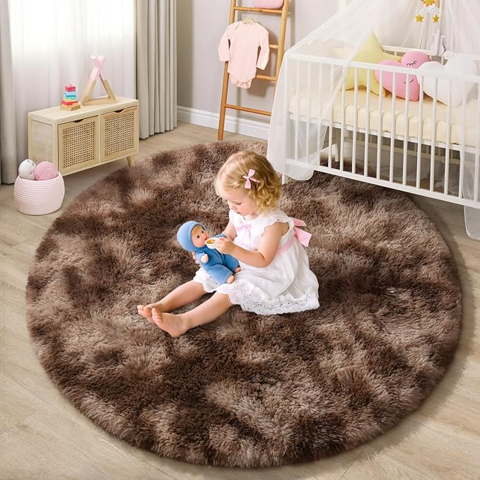 EVOIONOS Tie-Dyed Coffee Round Rug Living Room, 6x6 Ft Fluffy Soft Circle Area Rugs Bedroom, Plush Shaggy Circular Carpet Indoor Floor Bedside Kids Nursery, Machine-Washable Home Decor Aesthetic