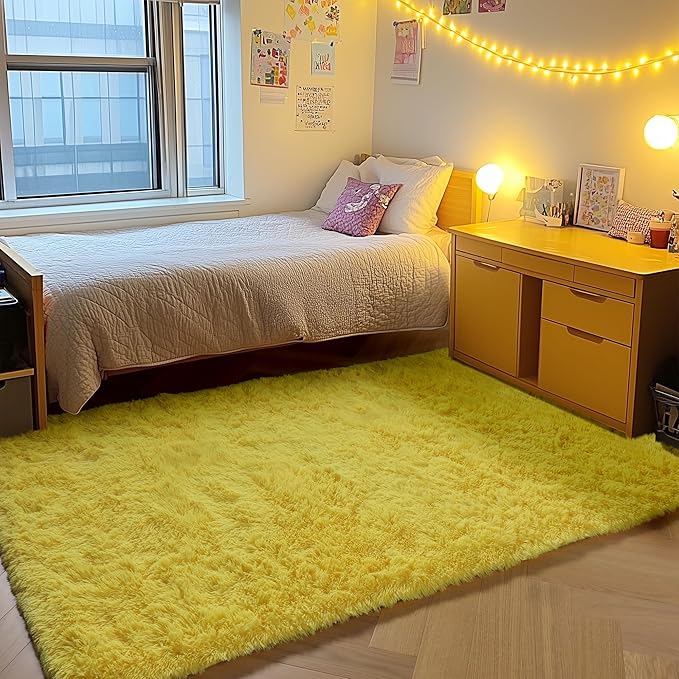 ONASAR Yellow Area Rugs for Bedroom Living Room, Washable Fluffy 4x6 Indoor Bedside Floor Throw Rug, Soft Plush Shaggy Carpet for Nursery Kids Girls Boys Teen Dorm Home Office Decor Aesthetic