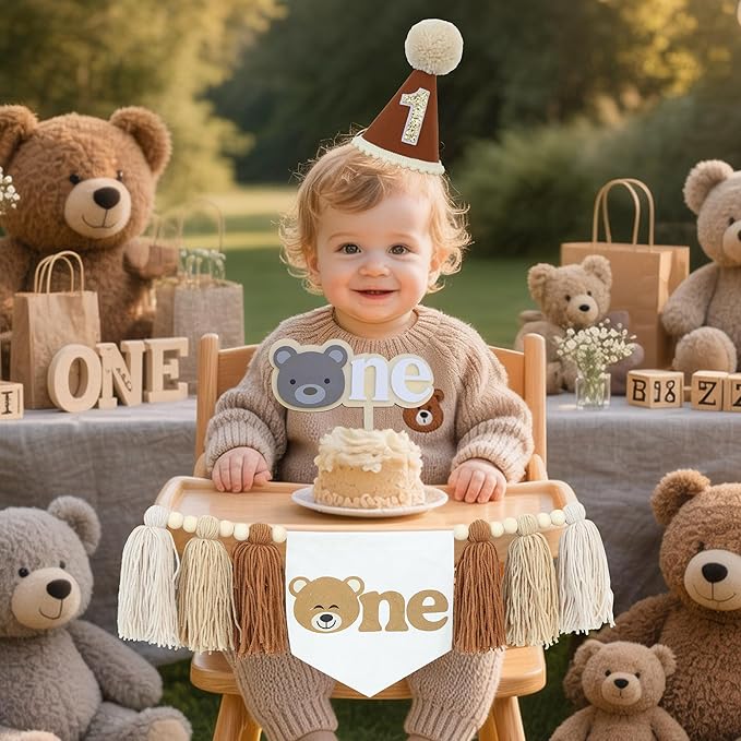 Bear Theme First One High Chair Banner For 1st Birthday Party Decorations With One Cake Topper