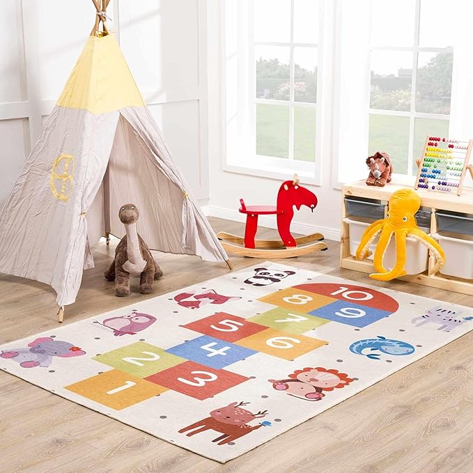 Hauteloom Lundy Girls Room, Boys Room, Kids Room Playroom Machine Washable Area Rug - Hopscotch Animal Carpet - Cream, Red, Orange, Blue, Colorful - 6'7" x 9'