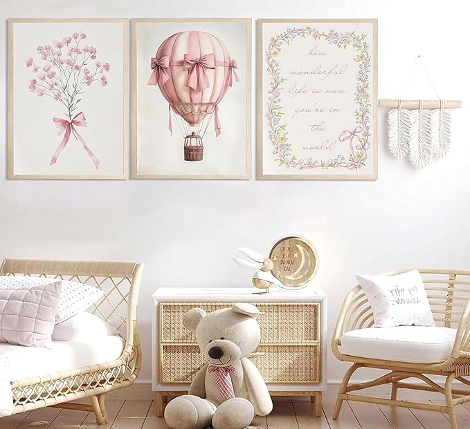 3Pcs Pink Nursery Wall Art Pictures Cute Baby Girls Room Posters Print Neutral Pink Bow Bouquet Hot Air Balloon Pastel Painting Wall Decor for Kids Room Little Girl Bedroom 12x16in Unframed