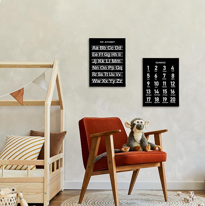HRQKO Black Alphabet Numbers Nursery Canvas Wall Art Set of 2, Kids Room Decor Framed Art, Black ABC Numbers Educational Posters Wall Decor for Classroom Toddler Nursery Bedroom Playroom, 11x14 inch