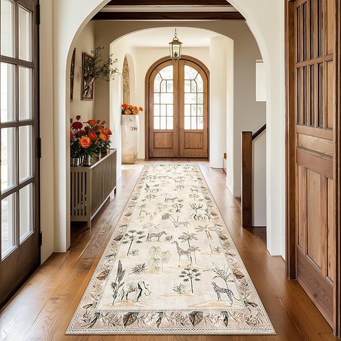 jinchan 3x10 Runner Rug Beige Jungle Animals Print, Modern Hallway Washable Runner Rug Kitchen Ultra-Thin Low-Pile Non-Slip Soft Botanical Accent Carpet for Bedroom Living Room Laundry (3'x10', Beige)