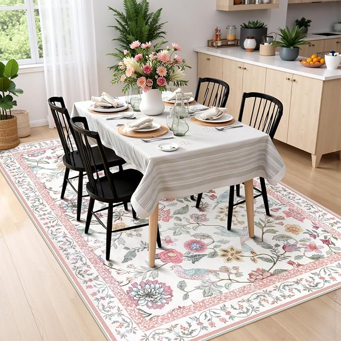 Floral Washable 6x9 Area Rugs for Living Room, Soft Pink Boho Girls Bedroom Rug Non-Slip Low Pile Flower Birds Dining Room Rug, Botanical Floor Carpet for Kids Classroom Office