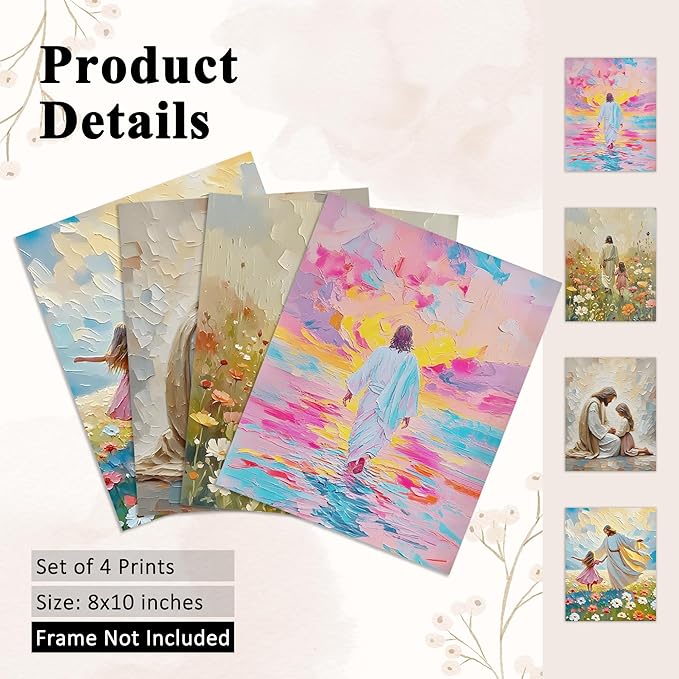 OFJE Christian Jesus with Girl Wall Art Decor Prints Set of 4, Jesus Walking on Water Religious Wall Art Posters Decor for Girls Bedroom Home Living Prayer Room, 8x10 Unframed
