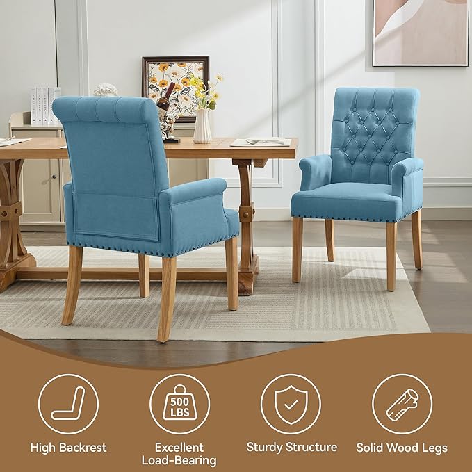 Fabric Dining Chair with Arms, Upholstered Tufted High Back Dining Room Chairs, Accent Armchair with Solid Wood Leg and Nailhead Trim, Kitchen Dining Living Room, Blue