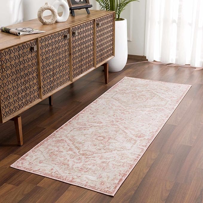 BoutiqueRugs Blush & Light Pink Collection Leonora Bohemian Oriental Medallion Runner Rug - Traditional Floral Carpet for Hallway, Kitchen - Blush, Pale Pink, Cream - 2'7" x 10' Runner