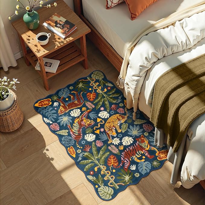 LEEVAN Washable Tiger Rug 2x3 Bathroom Rugs Non Slip Scalloped Blue Entryway Mat Leopard Front Door Mat Low Pile Rug Pad for Porch Soft Jungle Laundry Mat