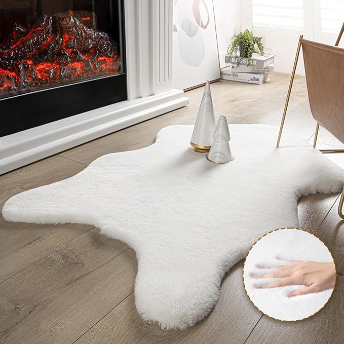 Ashler HOME DECO Ultra Soft Faux Rabbit Fur Rug, Area Rugs for Bedroom Floor Sofa Living Room, Carpet Accent Rugs White 2 x 3 Feet