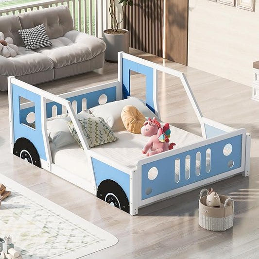 Bellemave Twin Full Size Kids Car Bed, Classic Car-Shaped Platform Bed with Wheels, Wood Full Montessori Floor Bed Frame for Kids Boy Girls, Lightning McQueen Bed (Blue+Black)