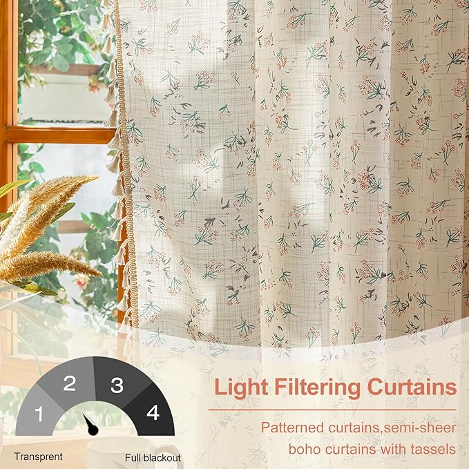OYX Boho Floral Curtains 63 Inch Length 2 Panels for Living Room, Bedroom Light Filtering Drapes, Farmhouse Vintage Country French Rustic Tassels Pattern Rod Pocket Aesthetic Decor Window Treatments