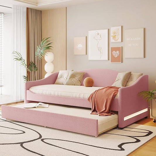 Merax Twin Size Upholstered Daybed with Light and Trundle, Pink Teddy Fleece Sofa Bed Modern Wooden Platform Bed Frame for Bedroom, Living Room, Guest Room, Apartment