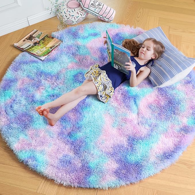 Amdrebio Purple Rainbow Small Round Rug 3Ft for Bedroom Girls Room Decor, Mermaid Stitch Frozen Kids Rugs for Playroom Nursery Dorm, Fluffy Furry Cute Shag Carpet, Kawaii Circle Area Rugs for Baby