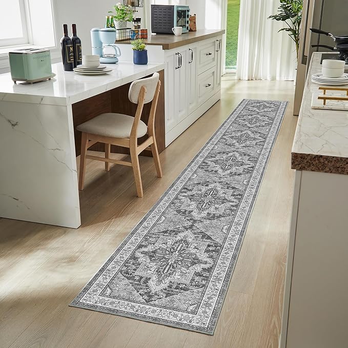 WITSHOCK Extra Long Runner Rug for Hallway 2x15: Washable Vintage Boho Low Pile Stain Resistant Foldable Carpet for Bedroom Entryway Indoor Entrance, Neutral Distressed Farmhouse Home Decor, Grey
